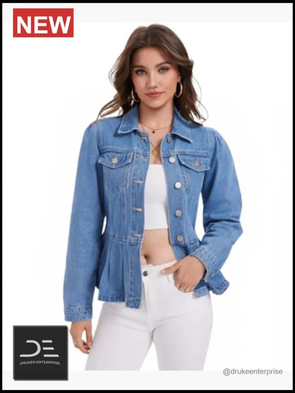 Ruffle Hem Peplum Denim Jacket Puff Sleeve Button Down